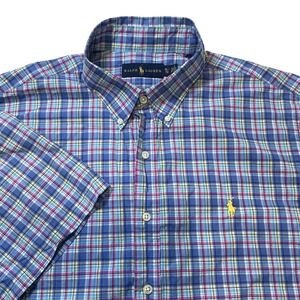 Ralph‎ Lauren Mens Plaid Short Sleeve Button Down Shirt XL Yellow Pony Logo Blue